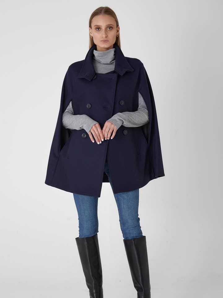 Heritage Double-Breasted Wool Cashmere Cape Coat - Navy for wholesale by Allora
