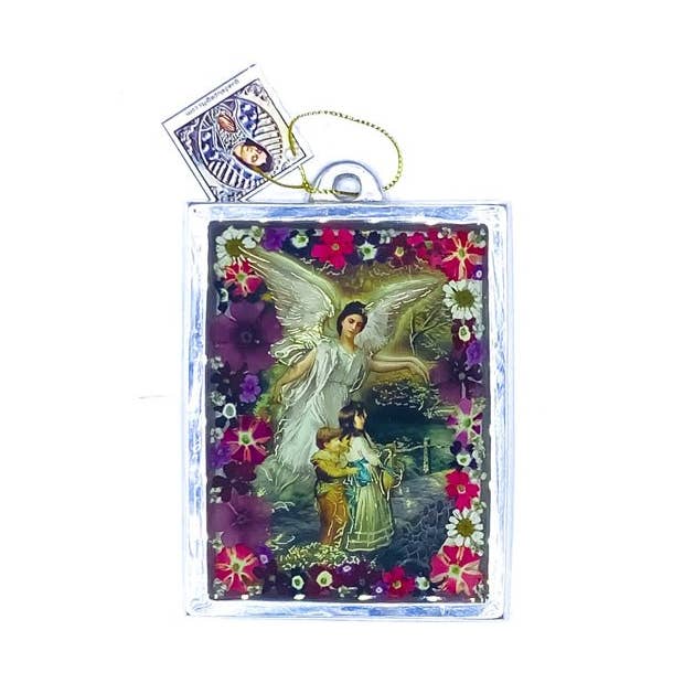 Cornice da parete con angelo custode con fiori pressati 12,7 x 8,2 cm per la vendita all'ingrosso da parte di Guadalupe Gifts