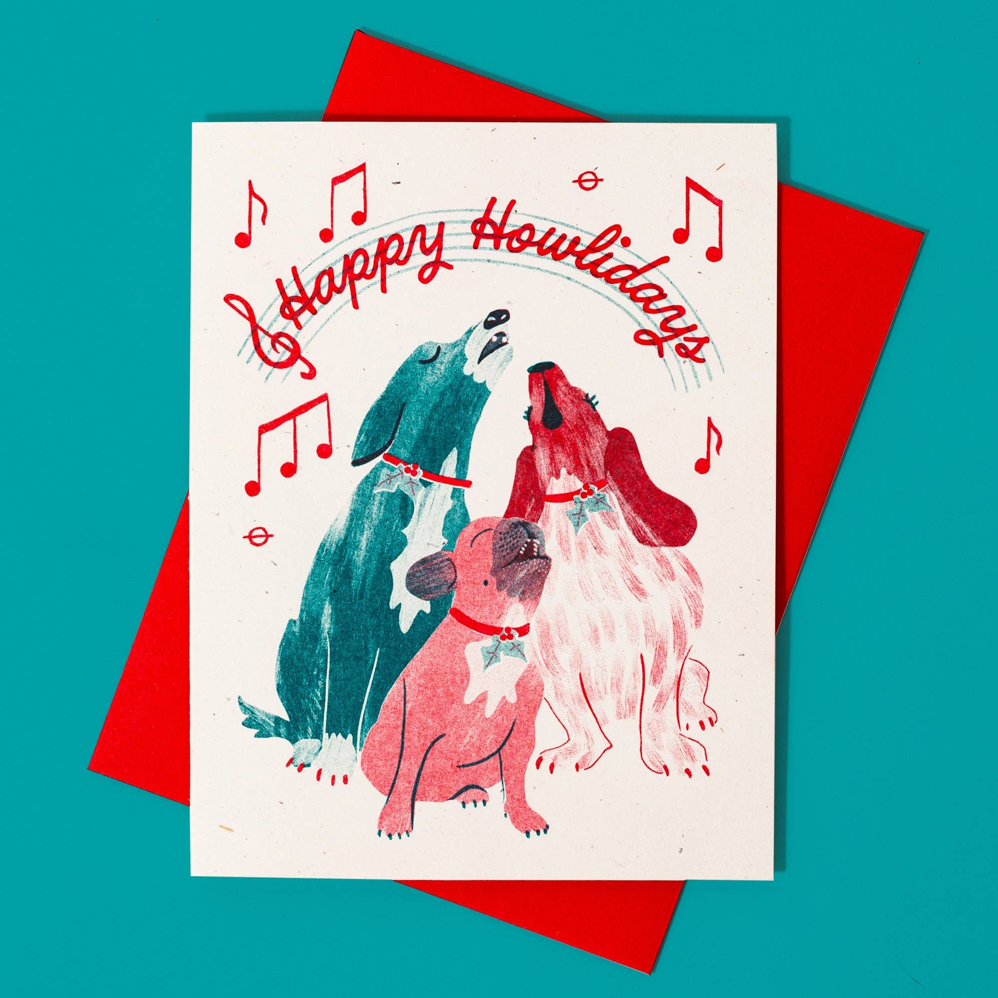 Bromstad Printing Co. – wholesale Christmas card – Happy Howlidays Dogs - Risograph Christmas Card1
