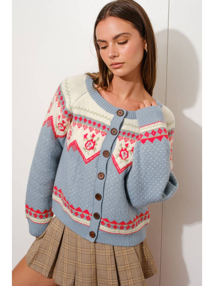 DUSTY BLUE VINTAGE MOTIF CARDIGAN for wholesale on Faire