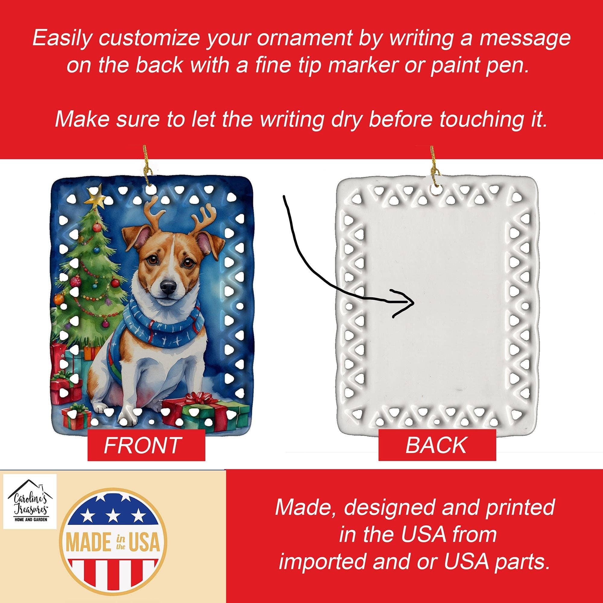 Naomi's Happy Place Shop - Wholesale Ornament - Jack Russell Terrier Christmas Reindeer Porcelain Ornament Christmas Tree Hanging Decorations for Home Christmas Holiday, Rectangle, Gift, Multicolor2