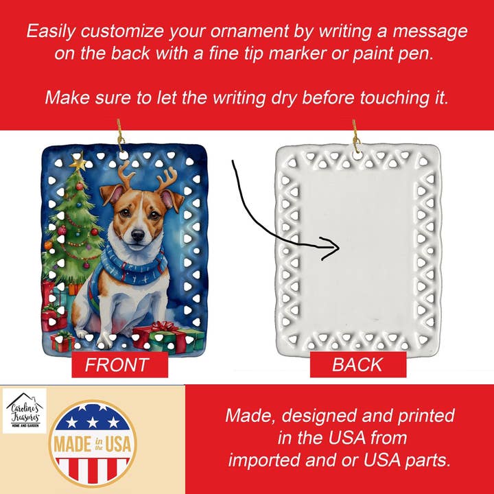 Naomi's Happy Place Shop - Wholesale Ornament - Jack Russell Terrier Christmas Reindeer Porcelain Ornament Christmas Tree Hanging Decorations for Home Christmas Holiday, Rectangle, Gift, Multicolor2