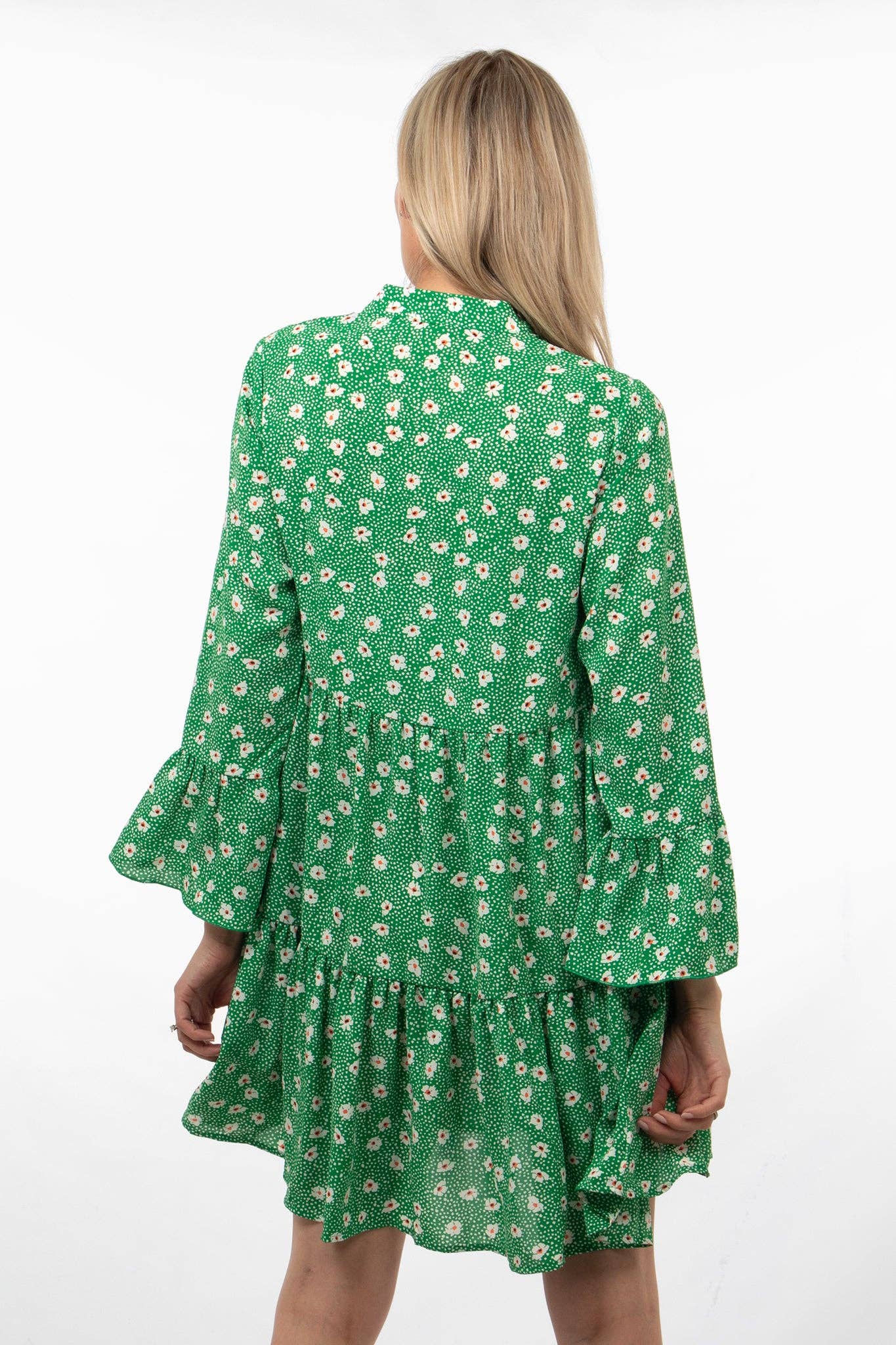 Sarta - Wholesale Dress - Women's - Daisy and Spot Print Mini Tiered Dress in Green4