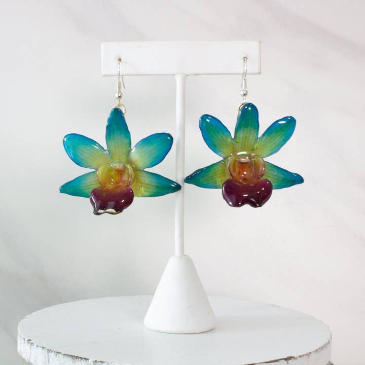"Fleur" Real Orchid Earrings - Teal - Limited Edition for wholesale by Devi & Co