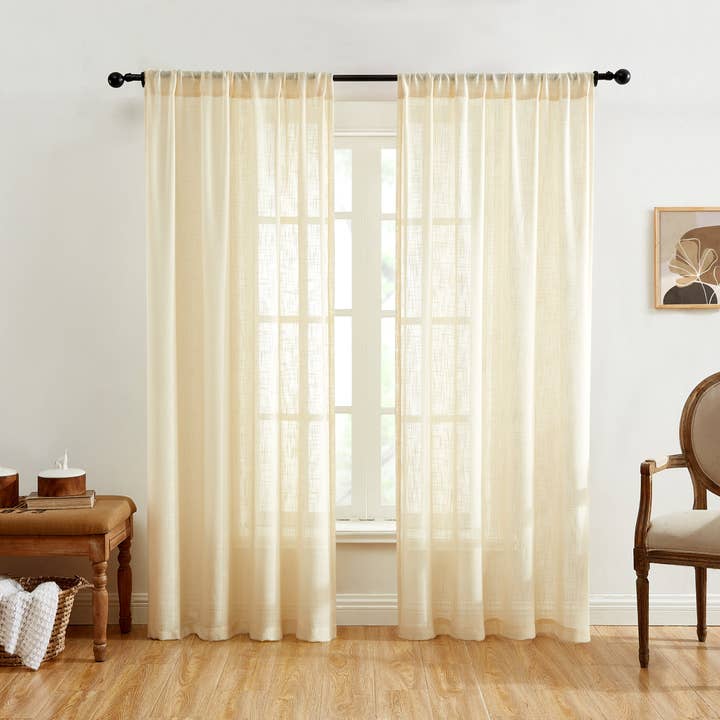 Linda Faux Linen Textured Sheer Rod Pocket Curtain Panels for wholesale by HLC.me