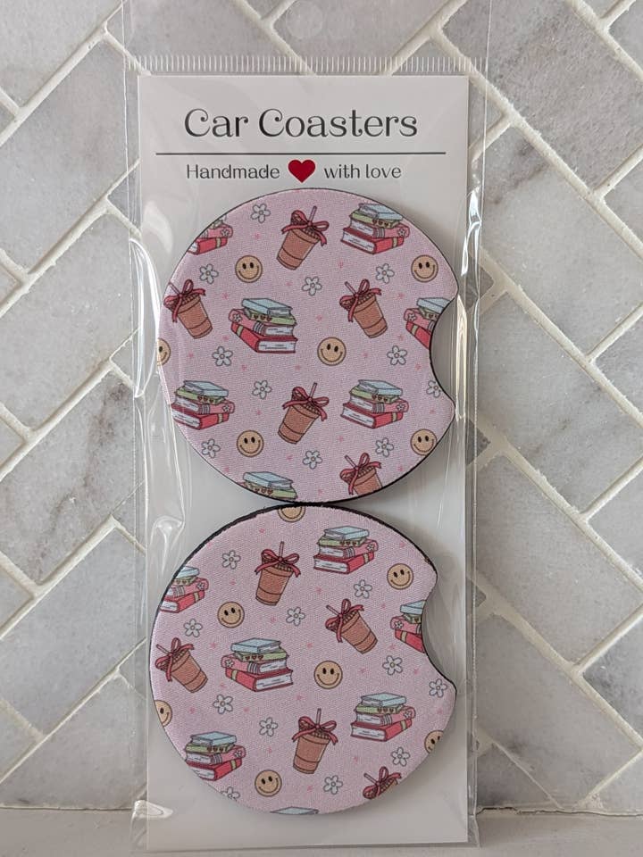 Books and Iced Coffee Car Coasters for wholesale by Sweet Bean Candle Collective