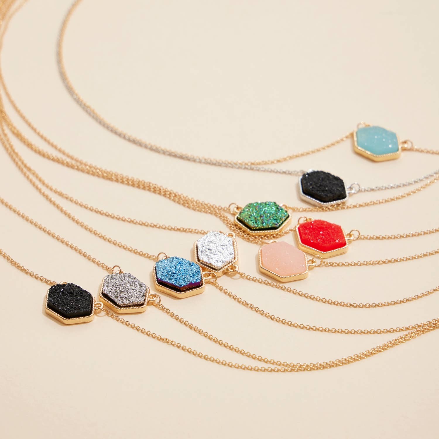 Frem - Wholesale Pendant/Charm Necklace - Hexagon Druzy Stone Charm Short Necklace2