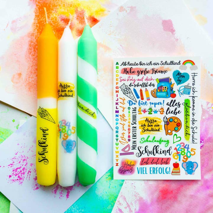 Bastelset for candle theme “Back to School” | Candle sticker for wholesale by Die Kerzenwerkstatt