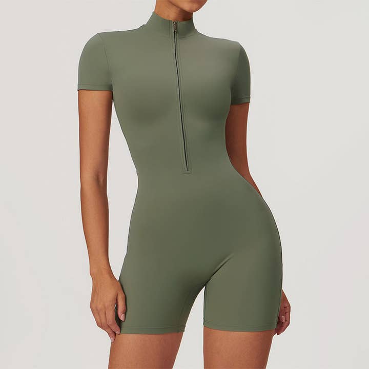 Zippered short sleeves solid color jumpsuit for wholesale by WONDERXFANS