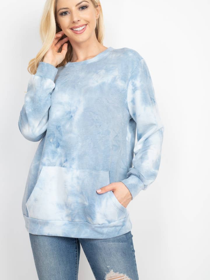 Teal French Terry Tie Dye Pullover with Pockets - Pack of 7 for wholesale by Apparel Candy