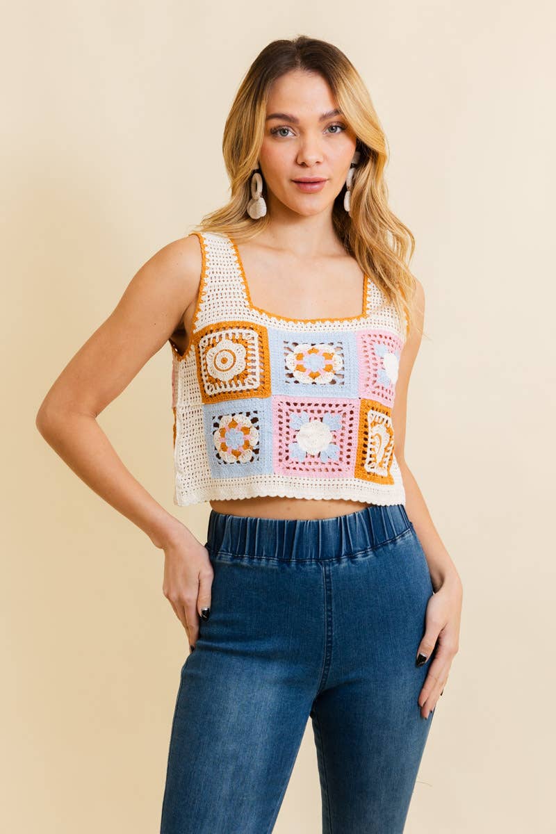 Leto Accessories - Wholesale Knit Top - Women's - Summer Floral Mosaic Embroidered Crochet Top0