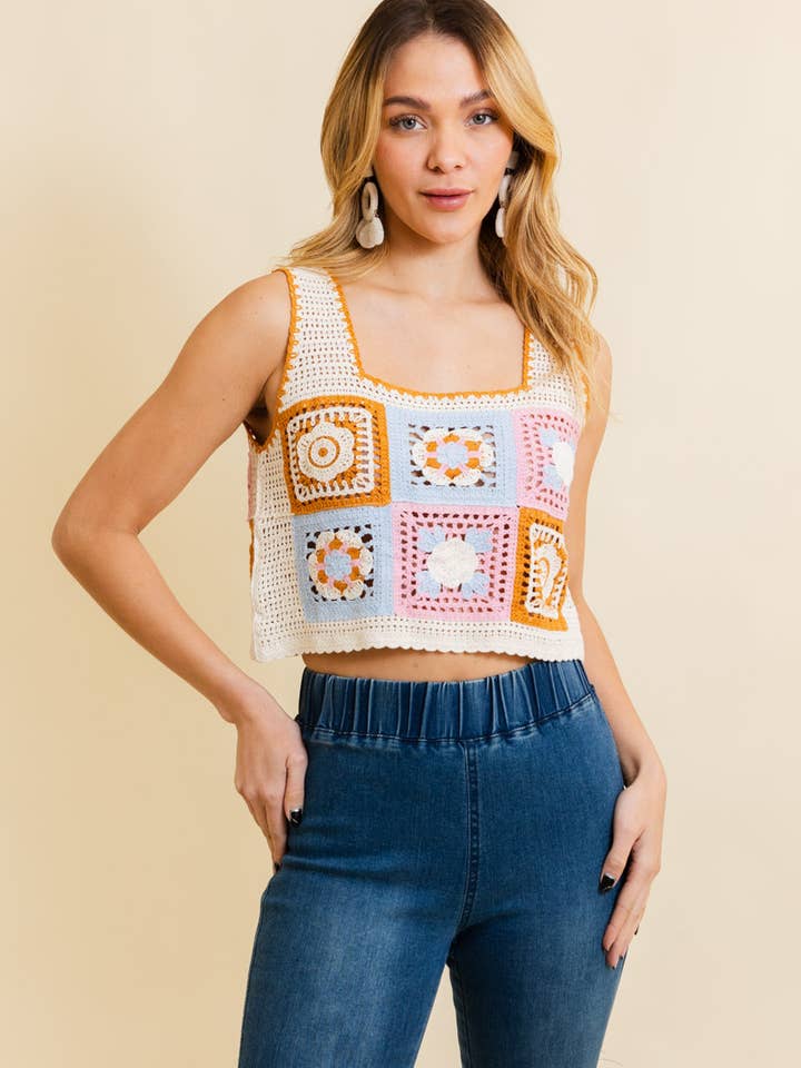 Leto Accessories - Wholesale Knit Top - Women's - Summer Floral Mosaic Embroidered Crochet Top