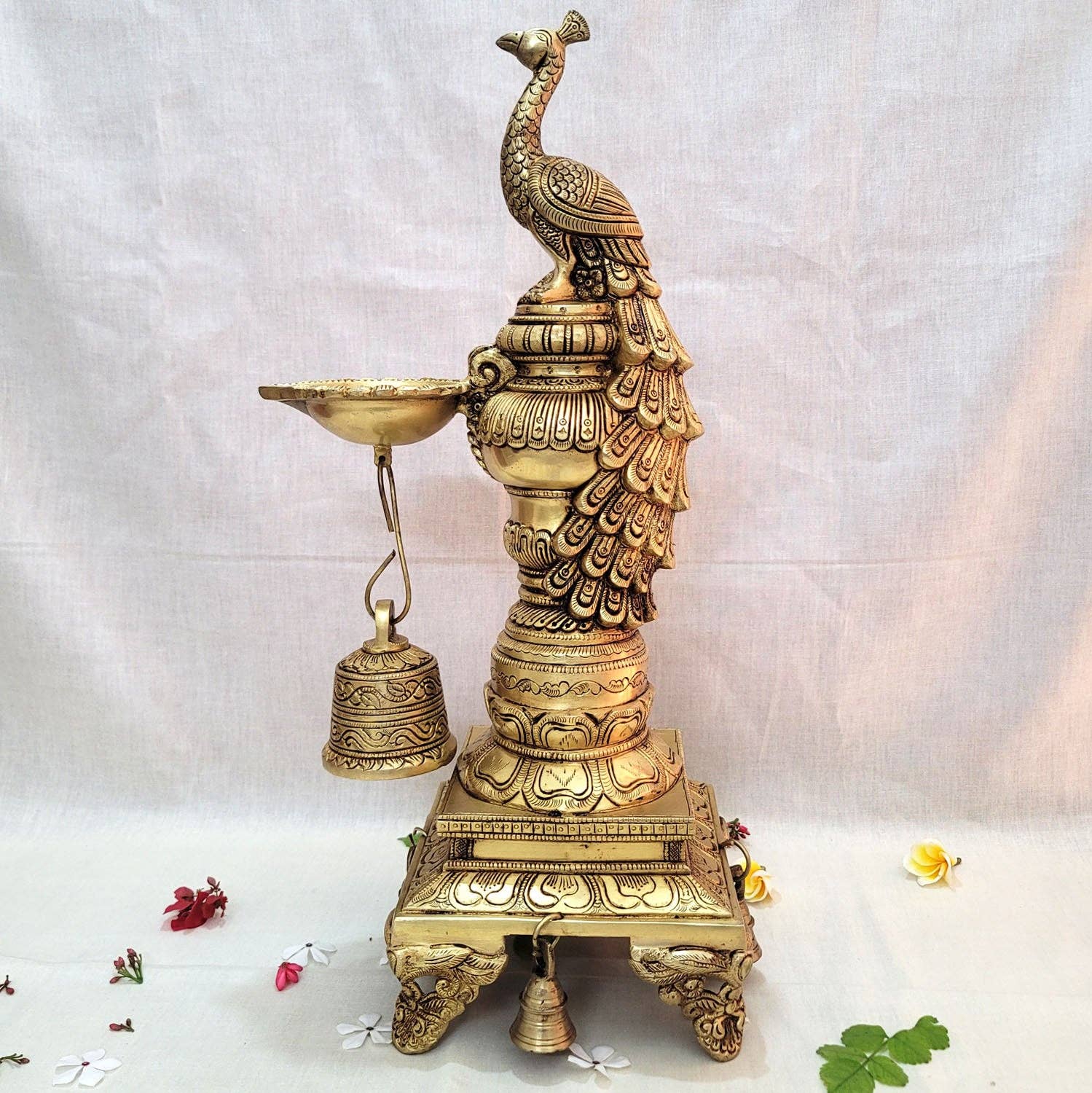 Golden Traditional Brass Peacock Diya 19" for Pooja | Decorative Brass Peacock Diya Temple for wholesale on Faire5