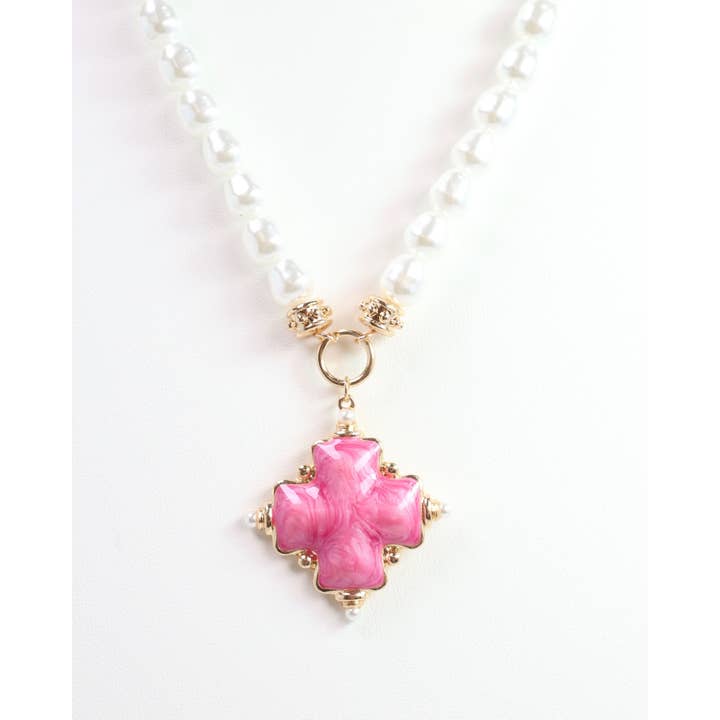 Caroline Hill - Wholesale Pendant/Charm Necklace - Edie Enamel Cross and Pearl Necklace Pink