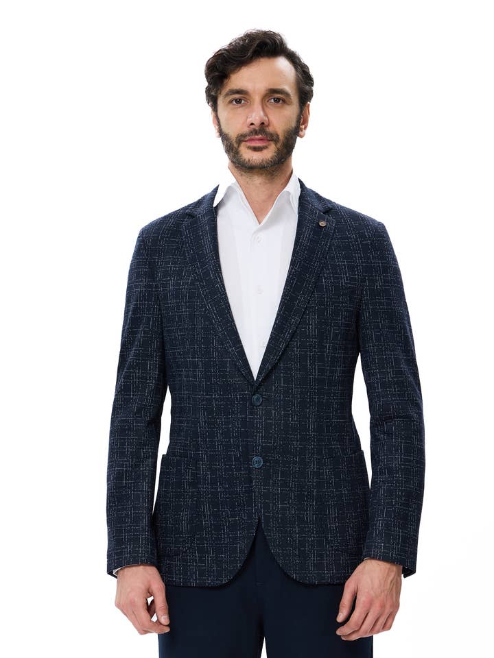 Blazer à carreaux en maille toucher cachemire bleu marine pour la vente par Luchiano Visconti