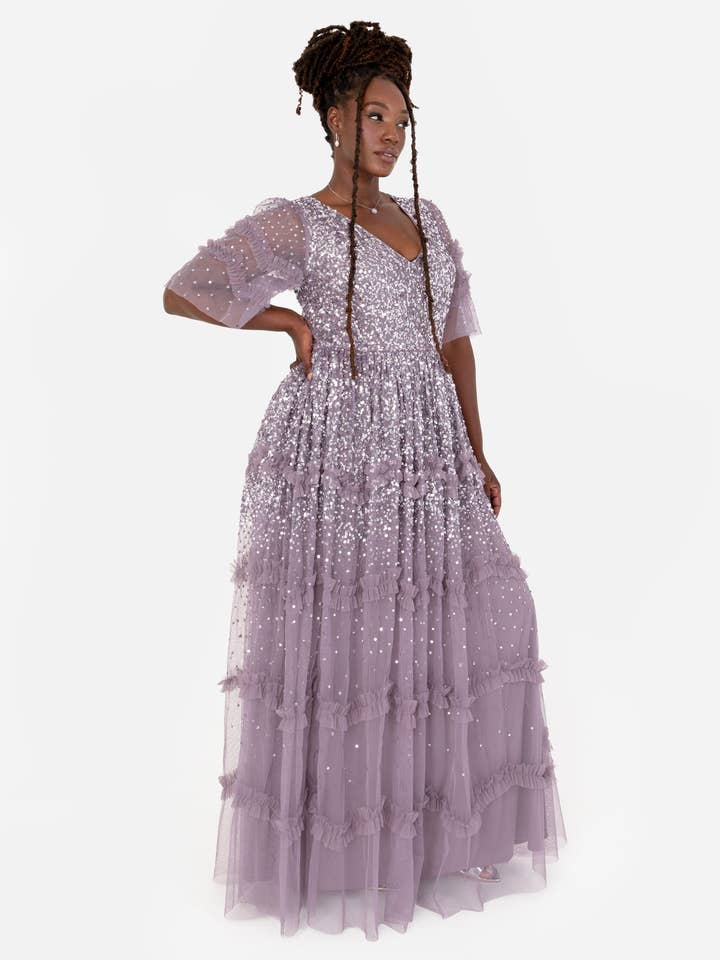 Maya Moody Lilac Fully Embellished Short Sleeve Maxi Dress for wholesale by Plaza Collection Ltd