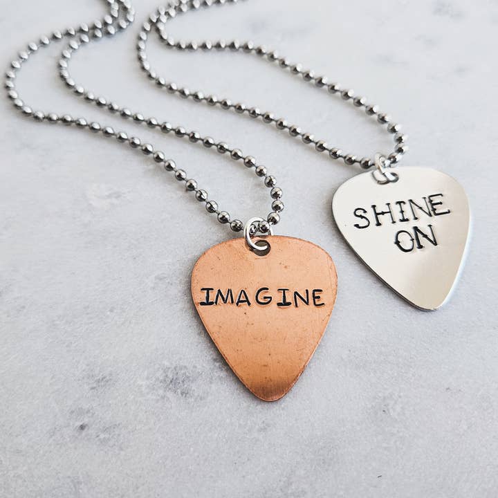 Meg's Recycled Guitar - Wholesale Pendant/Charm Necklace - PERSONALIZED GUITAR PICK NECKLACE - STAMPED CUSTOM MESSAGE