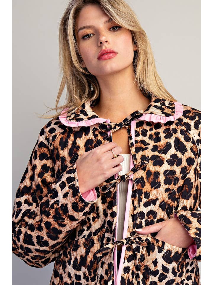 BROWN PL9358 - LEOPARD QUILTED PINK CONTRAST TIE FRONT JACKET for wholesale on Faire7