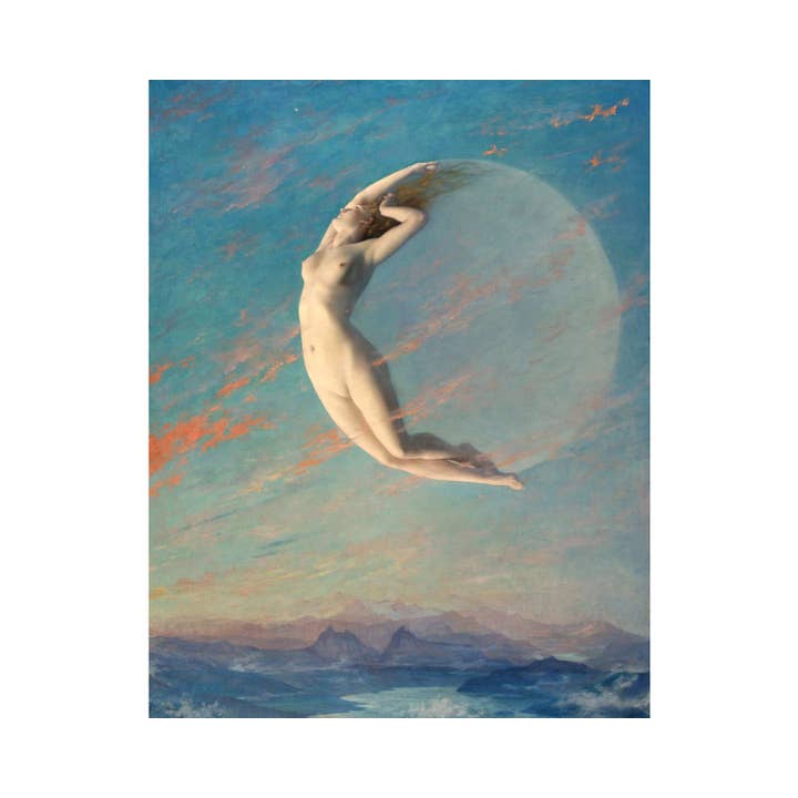 Rock Paper Scissors Wall Art - Venta al por mayor Ilustración - Lámina de la diosa de la luna | Selene | Albert Aublet | Mujer desnuda vintage | Arte de pared Art Nouveau | Pintura celeste