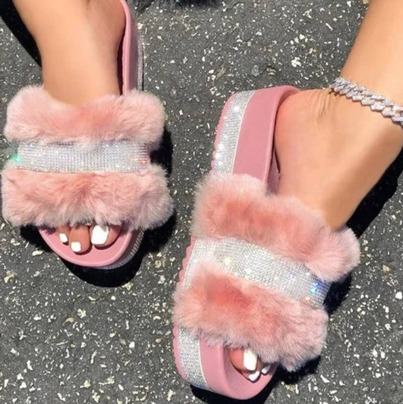 SugarQuoteMeNot LLC - Wholesale Slides - Women's - ***New Color***Furry Diamond Bling Slides3