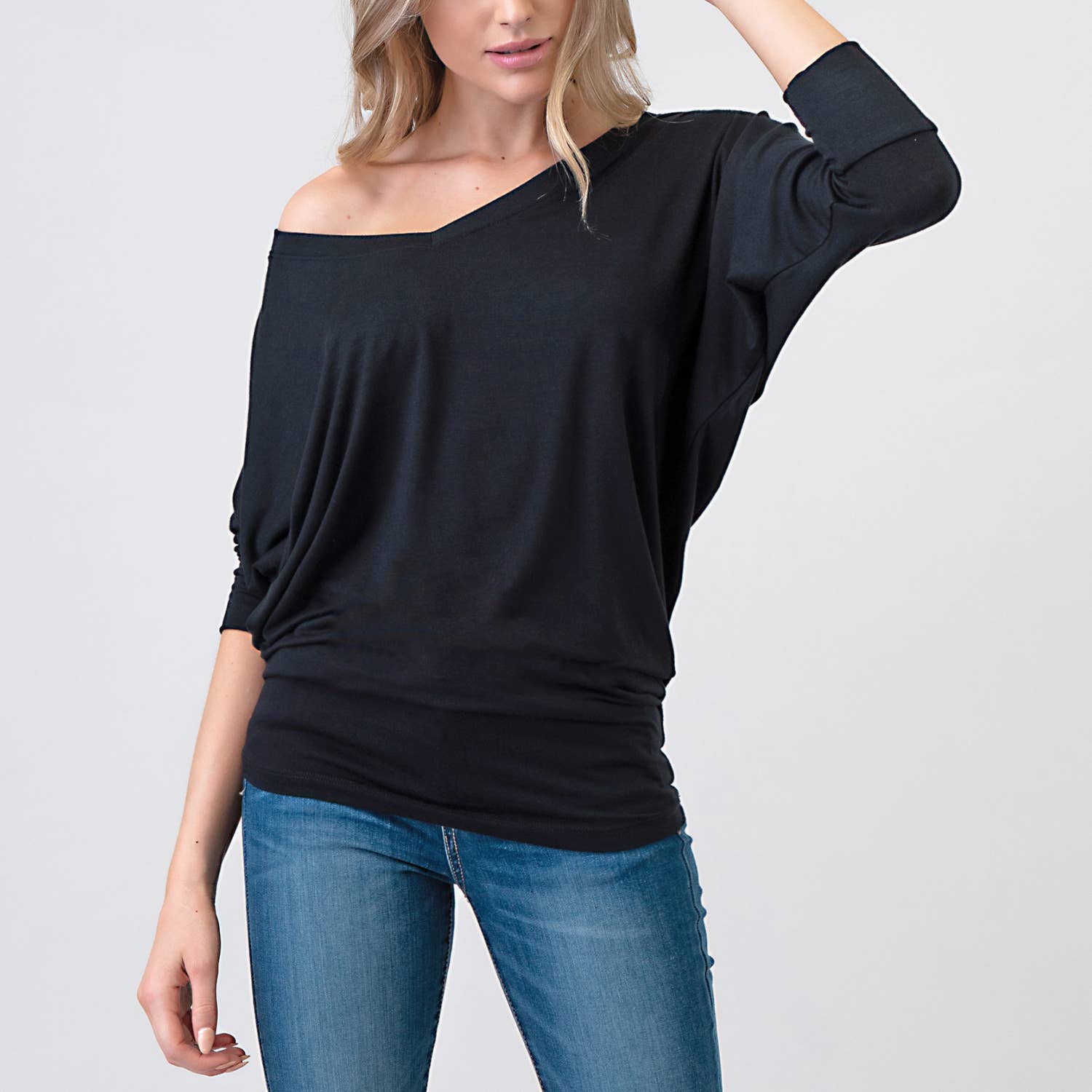 Heimious - Wholesale Knit Top - Women's - 3/4 Dolman Sleeve V-neck Modal Jersey Top, 25737