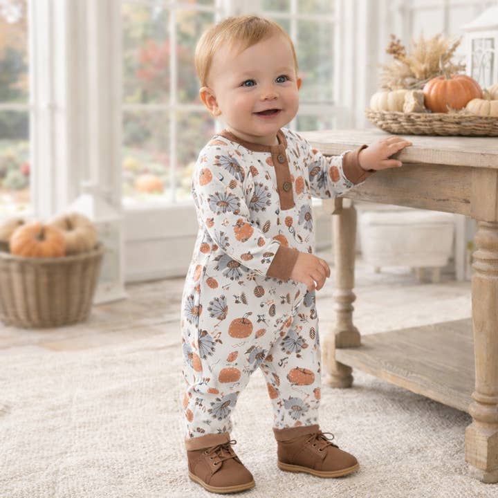 Baby Thanksgiving Henley Romper – Bamboo Cotton Blend for wholesale by Tesa Babe