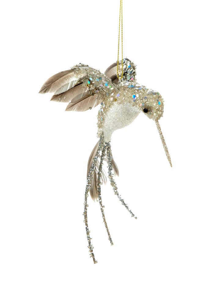 Grijs-wit glinsterende kolibrie ornament met pailletten voor wholesale door Starlight Collection
