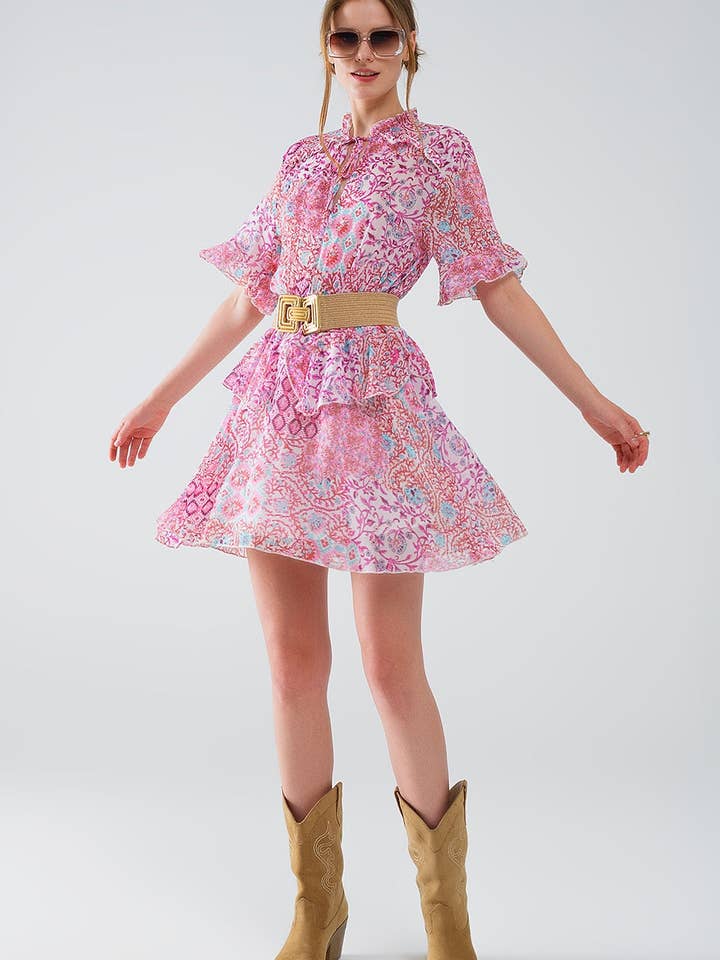 Short Dress With Abstract Print And Ruffled Skirt in Shades of Pink for wholesale by Q2—All Orders:Free Duties for the US,UK,and Canada