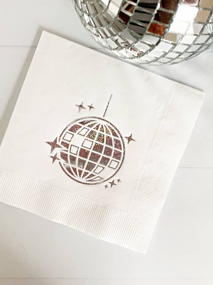 White and Silver Disco Ball Cocktail Napkins for wholesale by EnFete, LLC