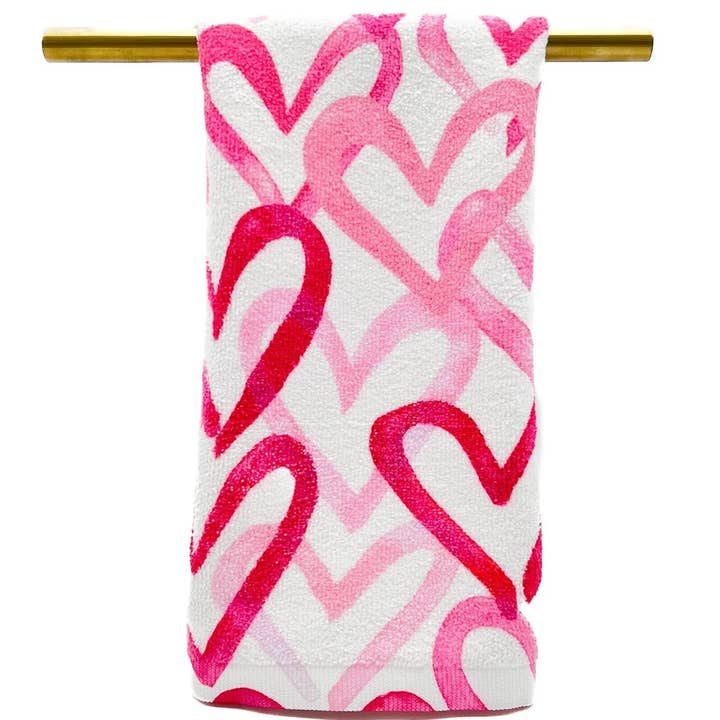 Fluorescent Pink Confetti Hearts Tea Towel - Valentines Hand Towel for wholesale by Rachel Brooks Design, LLC