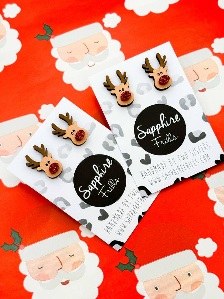 Red Glitter Acrylic Nose and Wood Reindeer Stud Earrings for wholesale by Sapphire Frills Ltd