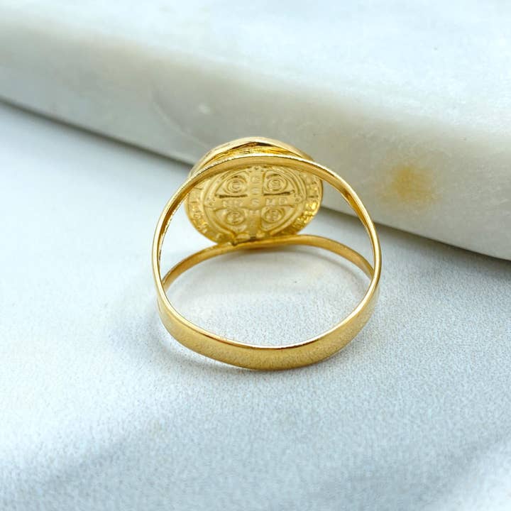 Luxus Accessories - Wholesale Band/Stacked Ring - 18k Gold Filled Saint Benedict Medal Ring, With Cutout Details, San Benito Medal Ring, Catholic Jewelry1