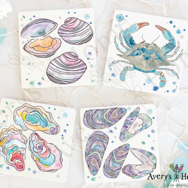 Clams, Oysters & Crab Absorbent Stone Coaster for wholesale by Avery's Home