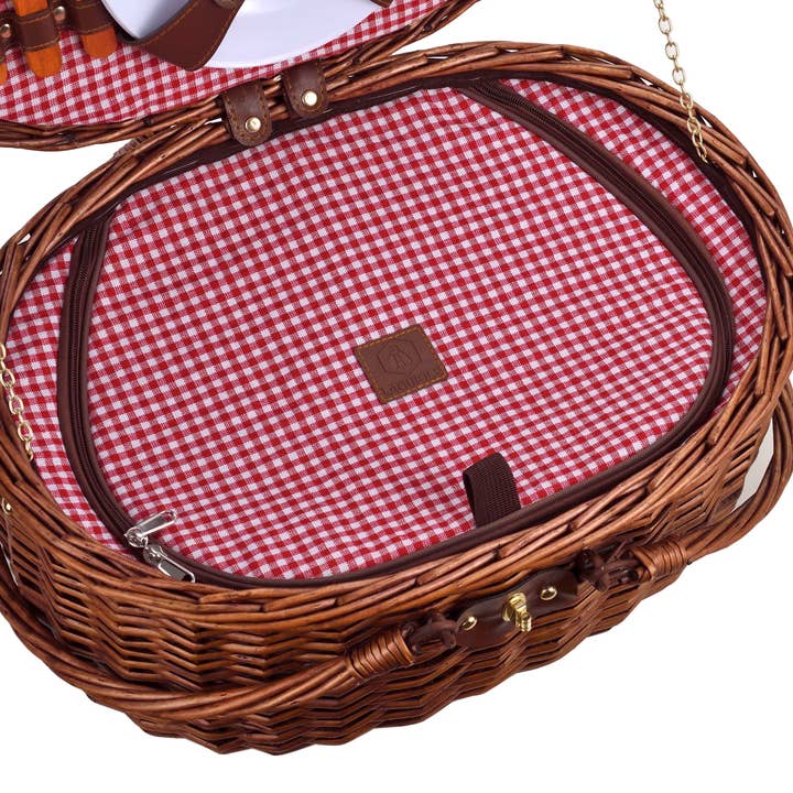 Laguiole - Venta al por mayor Cestas de pícnic - LAGUIOLE, Cesta Nevera de Picnic para 2 Personas, Mimbre, Algodón, Cerámica, Metal y PVC, Comidas Nómadas, Aire Libre, Camping, Senderismo, Marrón