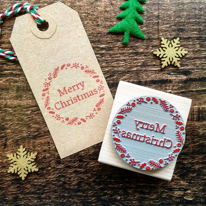 Merry Christmas Winter Wreath Rubber Stamp Christmas Craft for wholesale by Skull and Cross Buns Rubber Stamps