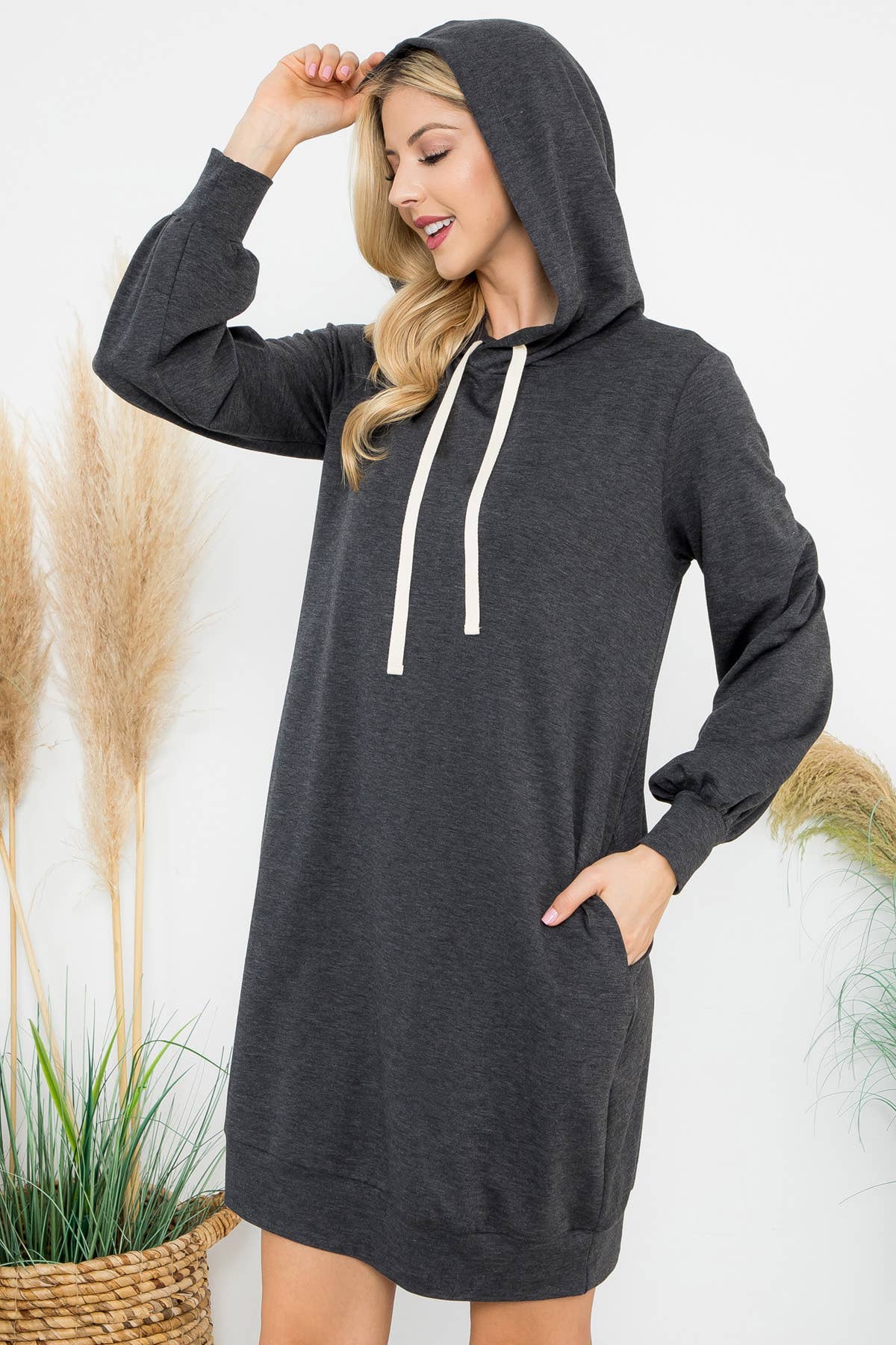 You & Me - Wholesale Dress - Women's - YMD10061V-FRENCH TERRY LONG PUFF SLEEVE HOODIE DRESS33