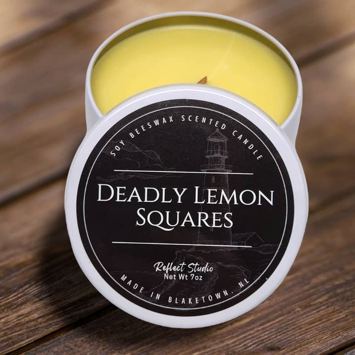 7oz Scented Soy Beeswax Tin Candle - Deadly Lemon Squares for wholesale by Lighthouse Fragrance Company