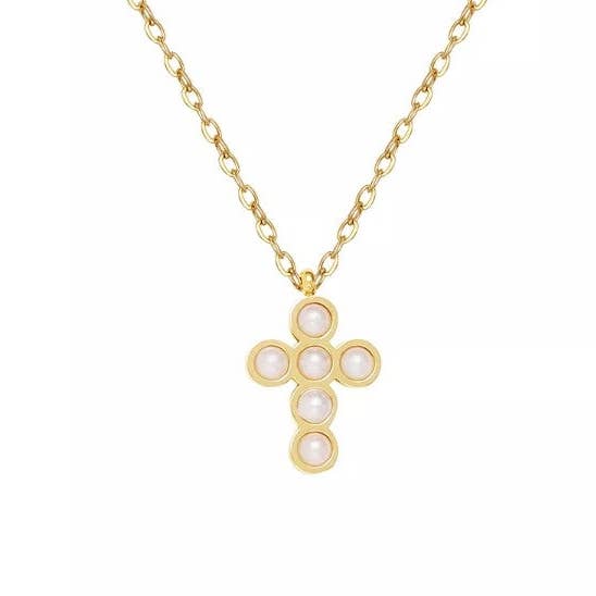 Pearl Bezel Cross Necklace for wholesale by Aubrey Adele