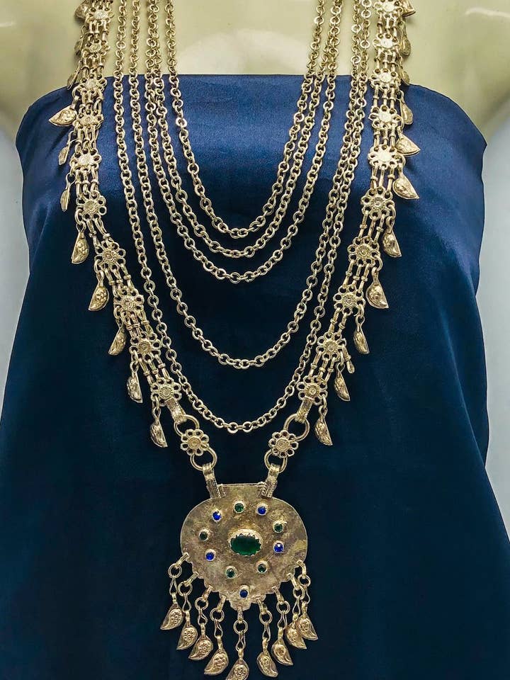 Colar de babador vintage maciço Kuchi multicamadas com pingente por atacado de vintarust