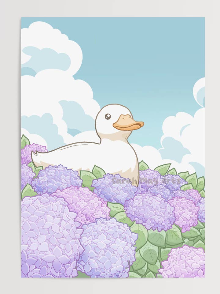 Impressão de Pato com Hortênsias | Arte Floral Fina e Fofa por atacado de Sarah May Arts