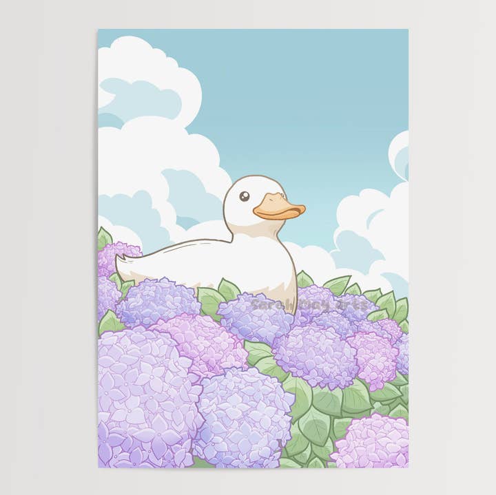 Sarah May Arts - Wholesale Art Print - Hydrangea Duck Print | Fine Line Cute Floral Art