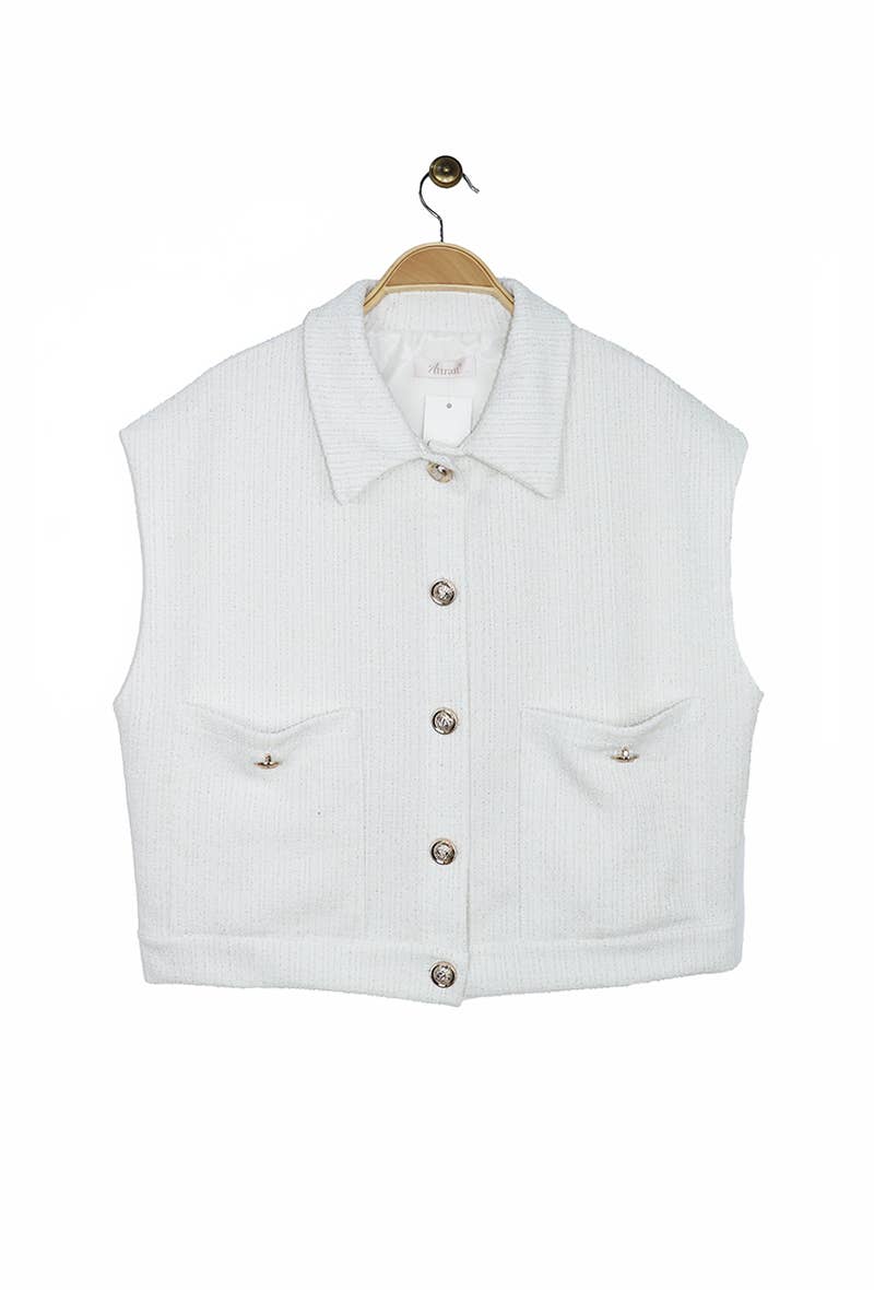 Attrait Paris – Blusão - Mulher por atacado – Casaco sem mangas de tweed com botões dourados13