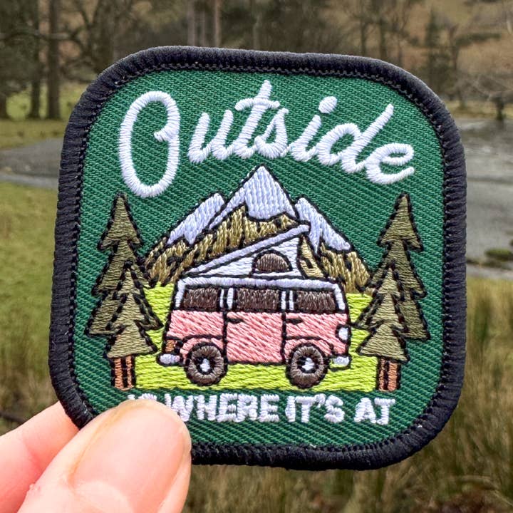 Outside Is Where It's At Patch - Camper Van Iron-On Embroidered Patch for wholesale by Syd&Co