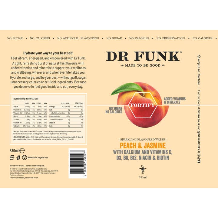 Dr Funk – wholesale Sparkling water – Peach & Jasmine flavoured water with 7 essential nutrients9