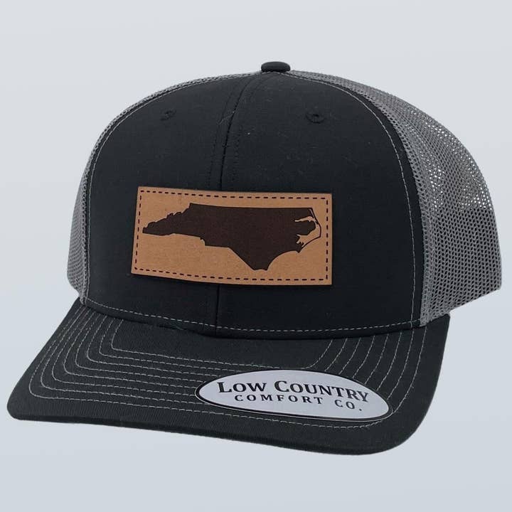 Riverbed Threads - Wholesale Trucker Hat - Unisex - North Carolina Outline Leather Patch Hat Black/Charcoal