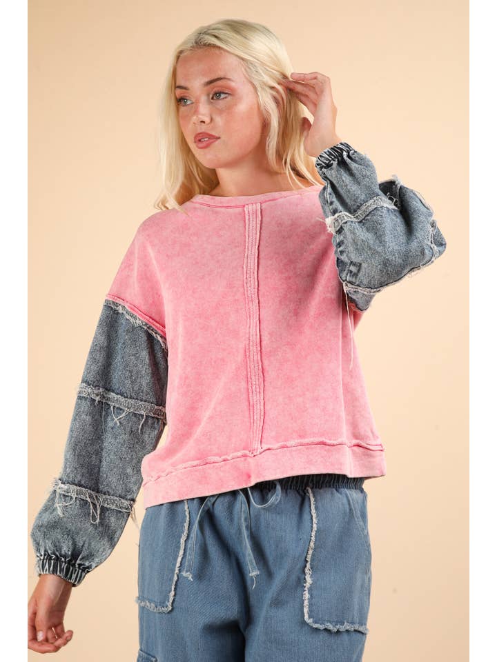 VERY J - Wholesale Knit Top - Women's - NT11776-Acid Washed Oversized Denim Sleeve Casual Top