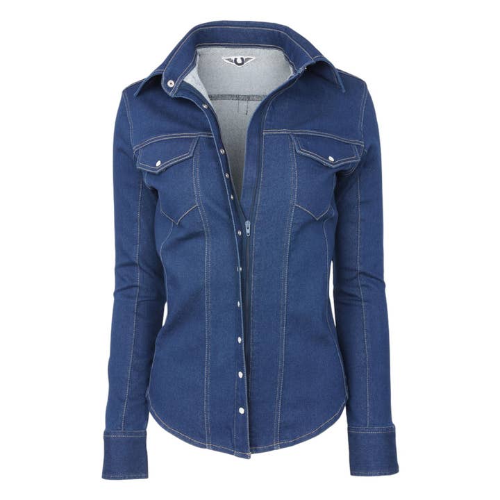 TuffRider Ladies Stone Washed Western Stretch Denim Shirt with Zip Closure and Decorative Pearl Snaps and other Purchase Wholesale jeans button. Free Returns & Net 60 Terms on Faire trending on Faire.