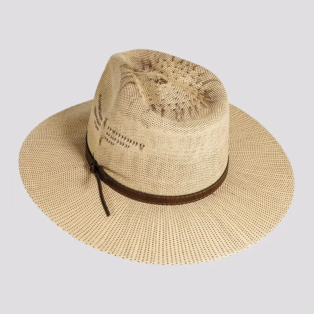 Tan Bangora Straw Flat Brim Pinch Front Sun Hat - Style Dover for wholesale on Faire1