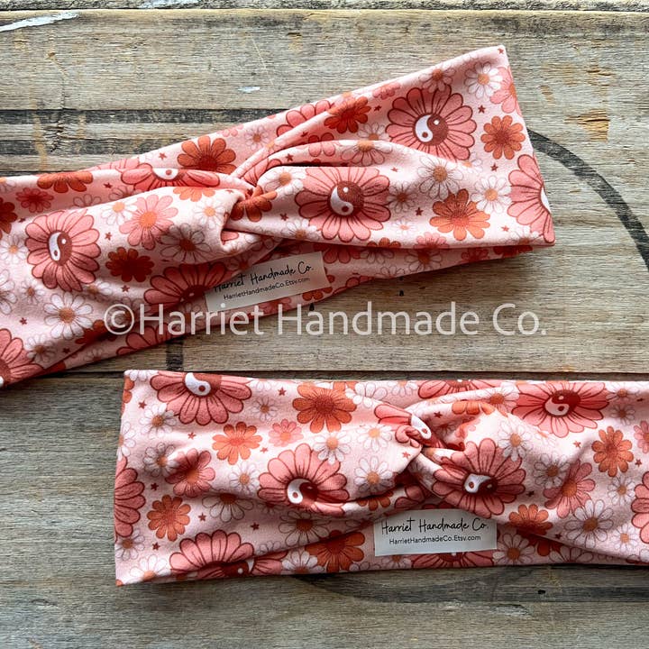 Peachy Pink Ying Yang & Daisy Floral Stretchy Twist Headband for wholesale by Harriet Handmade Co.