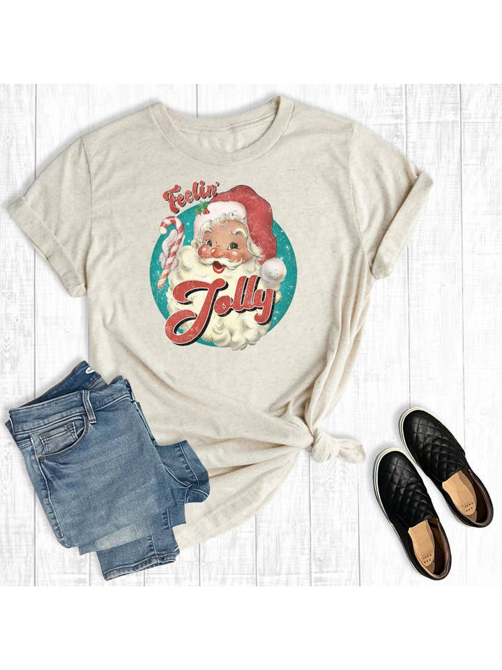 Oat Retro Christmas Feeling Joly Santa Graphic Tee for wholesale on Faire